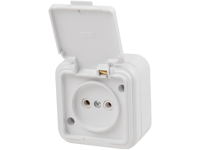 Розетка 1-ая (открытая, б/з, брызг. защ.) белая, Стандарт, Юпитер